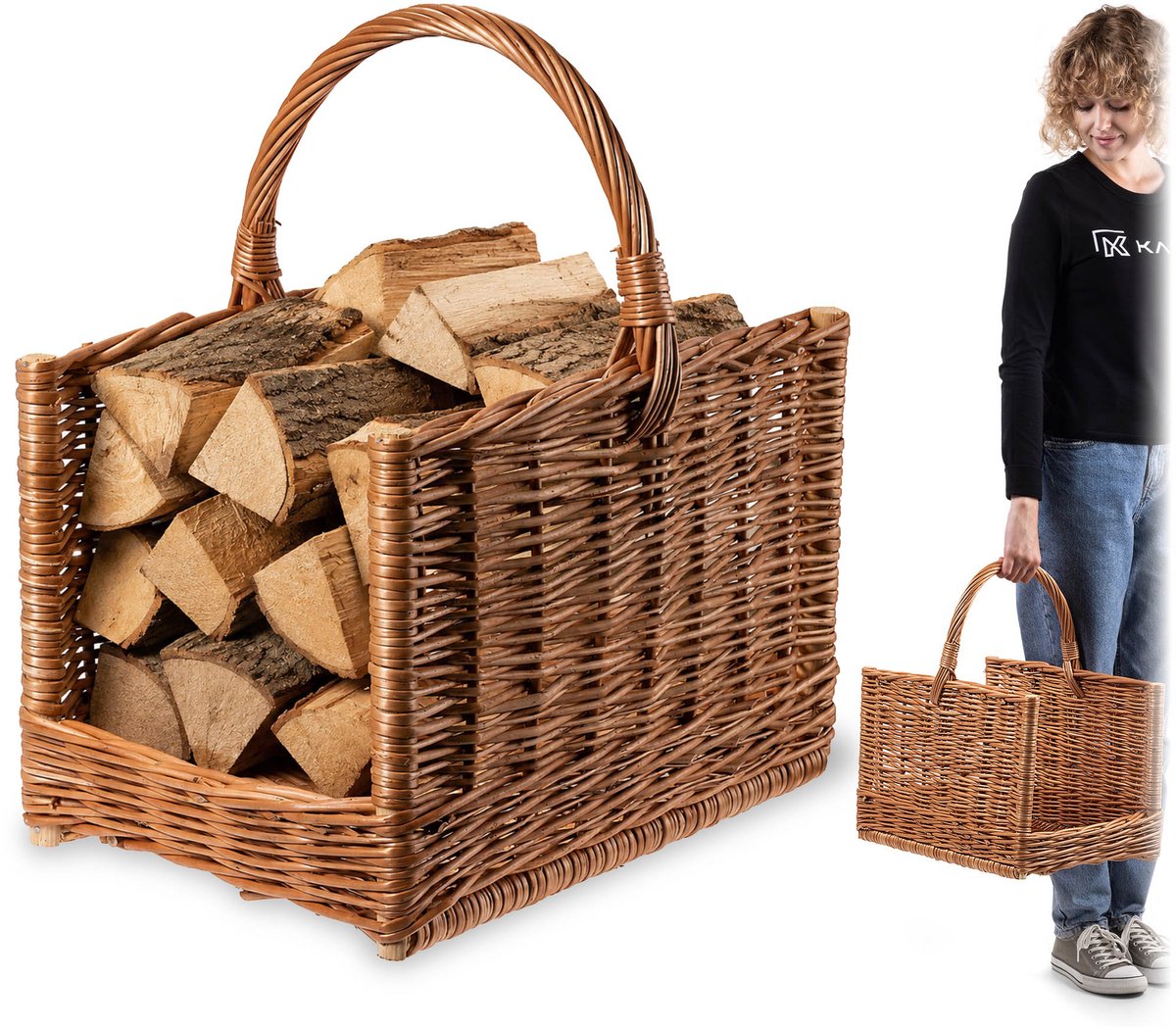 KADAX houten draagmand, haardhoutmand van wilgentenen, decoratieve haardhoutmand met handvat, naturelkleurige mand voor hout, draagmand voor opslag (30x45x50 cm)