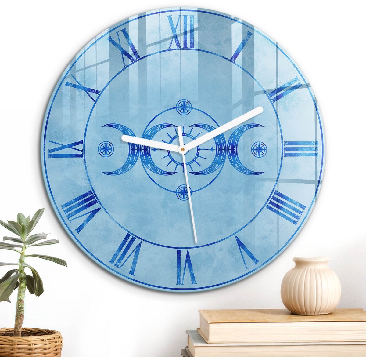 ArtPrintCave Blauw Glazen Klok - Wandklok 30 cm - Muurklok Rond - Astronomische Klok Stille Wandklok - Kunst Wandklok Keuken - Witte Klokwijzers