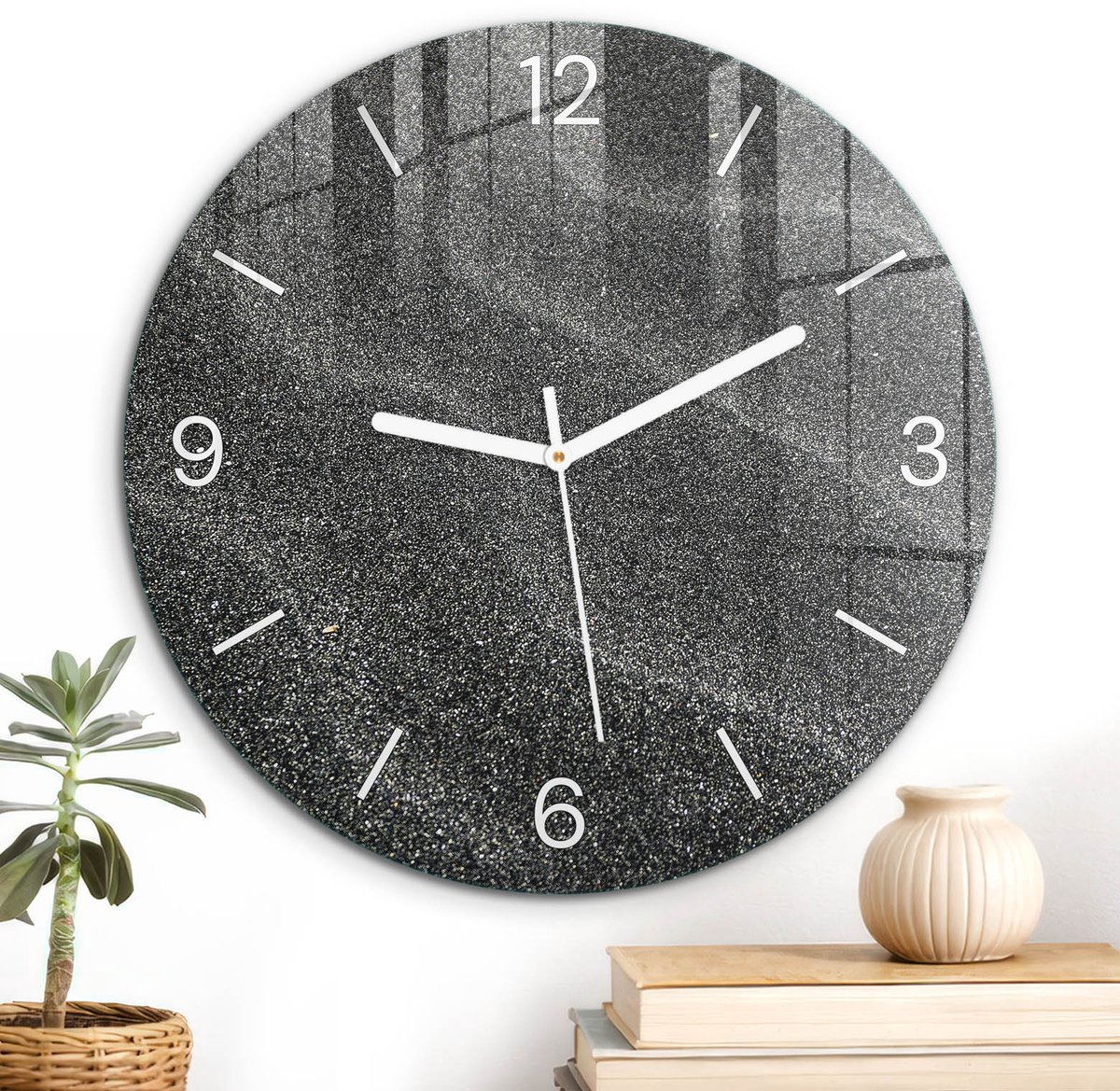 ArtPrintCave Zwart Glazen Klok - Wandklok 30 cm - Muurklok Rond - Zwarte Golven Stille Wandklok - Abstractie Wandklok Keuken - Witte Klokwijzers
