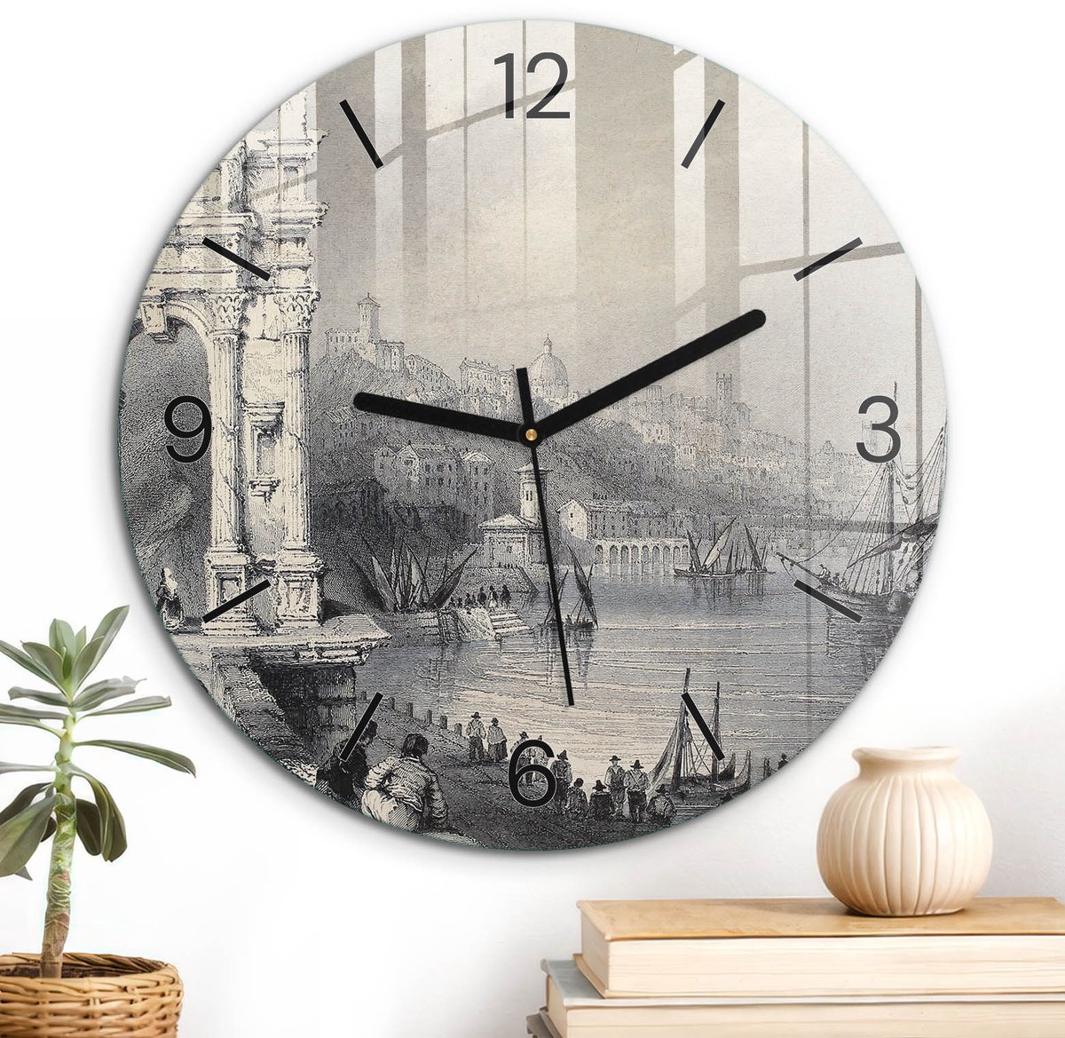 ArtPrintCave Beige Glazen Klok - Wandklok 30 cm - Muurklok Rond - Havenstad Stille Wandklok - Landschappen Wandklok Keuken - Zwarte Klokwijzers