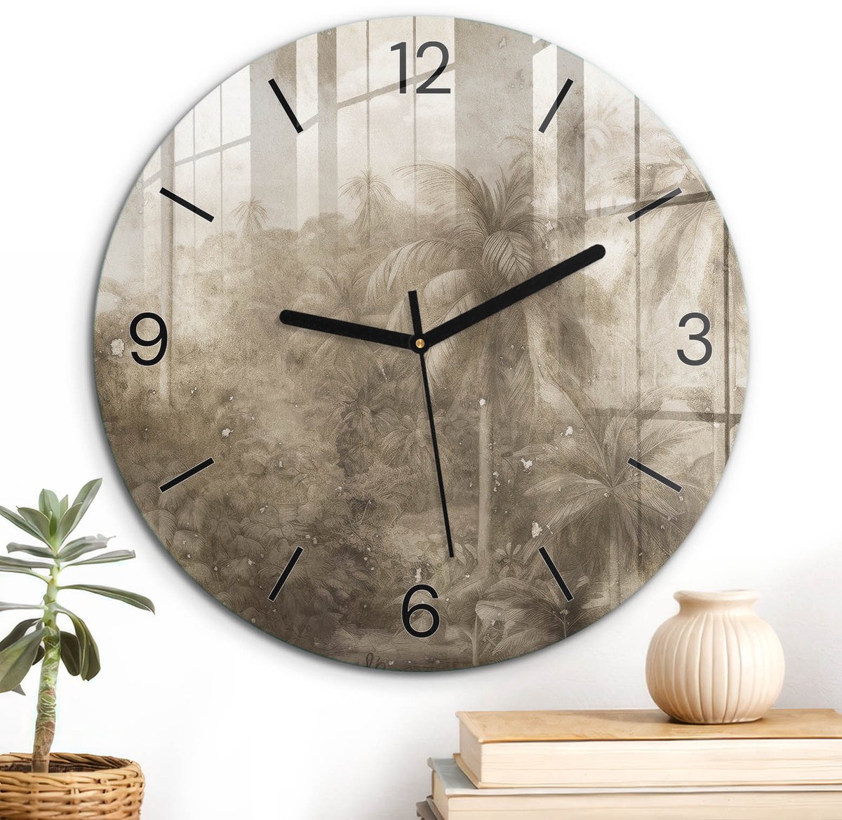 ArtPrintCave Beige Glazen Klok - Wandklok 30 cm - Muurklok Rond - Tropisch Landschap Unieke Klok - Achtergronden En Patronen Stille Wandklok - Zwarte Klokwijzers