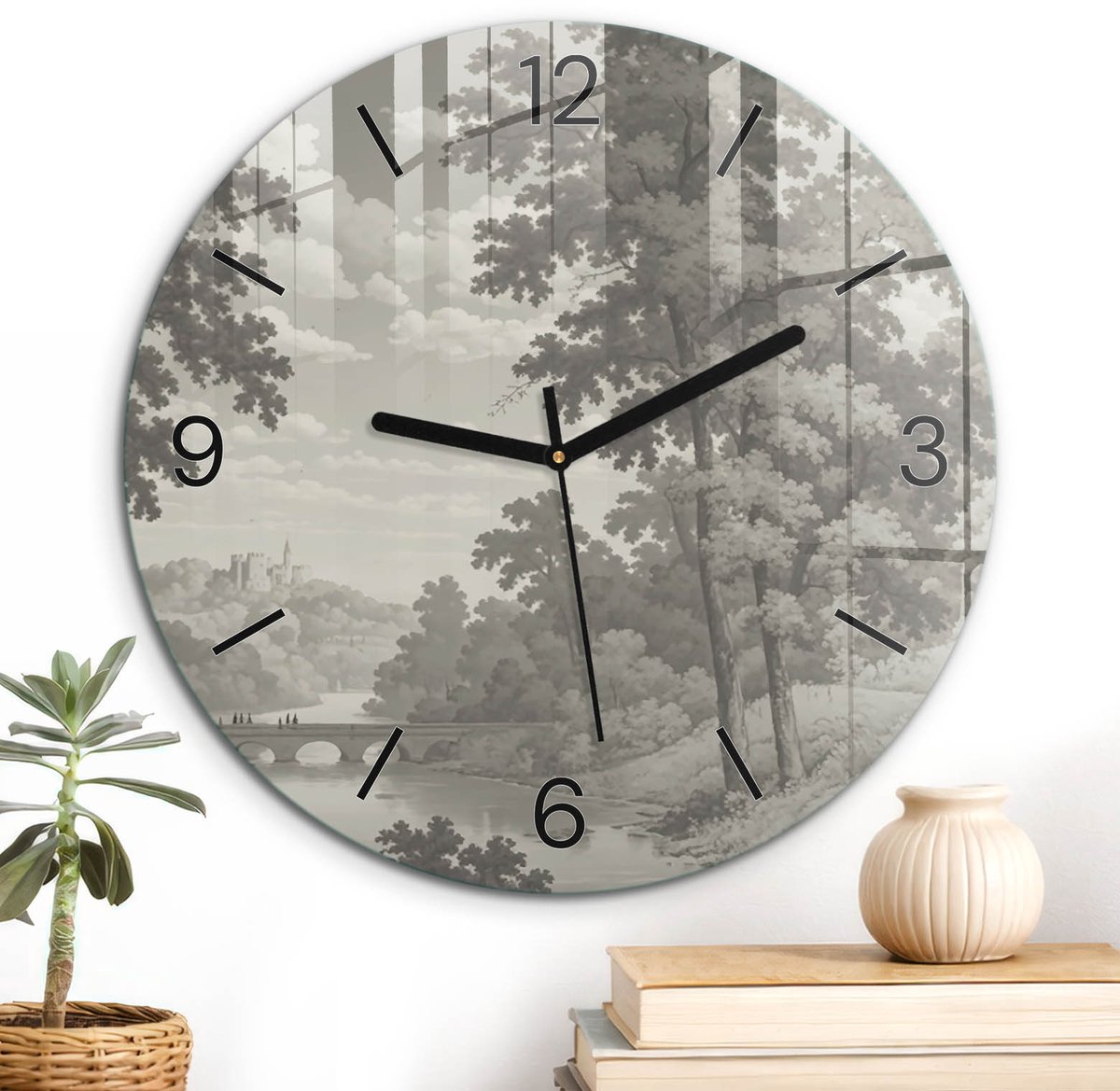 ArtPrintCave Grijs Glazen Klok - Wandklok 30 cm - Muurklok Rond - Vredige Natuur Unieke Klok - Landschappen Stille Wandklok - Zwarte Klokwijzers