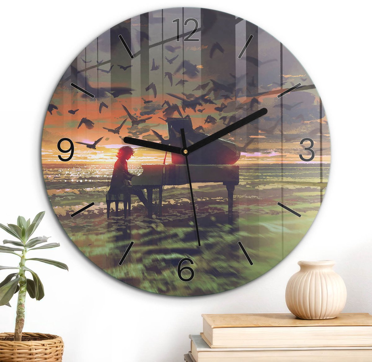 ArtPrintCave Oranje Glazen Klok - Wandklok 30 cm - Muurklok Rond - Westerse Melodie Unieke Klok - Natuur Stille Wandklok - Zwarte Klokwijzers