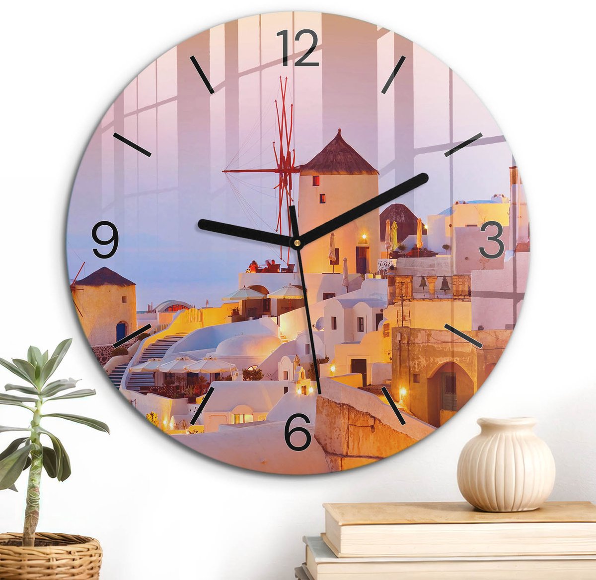 ArtPrintCave Oranje Glazen Klok - Wandklok 30 cm - Muurklok Rond - Zonsondergang Unieke Klok - Architectuur Stille Wandklok - Zwarte Klokwijzers