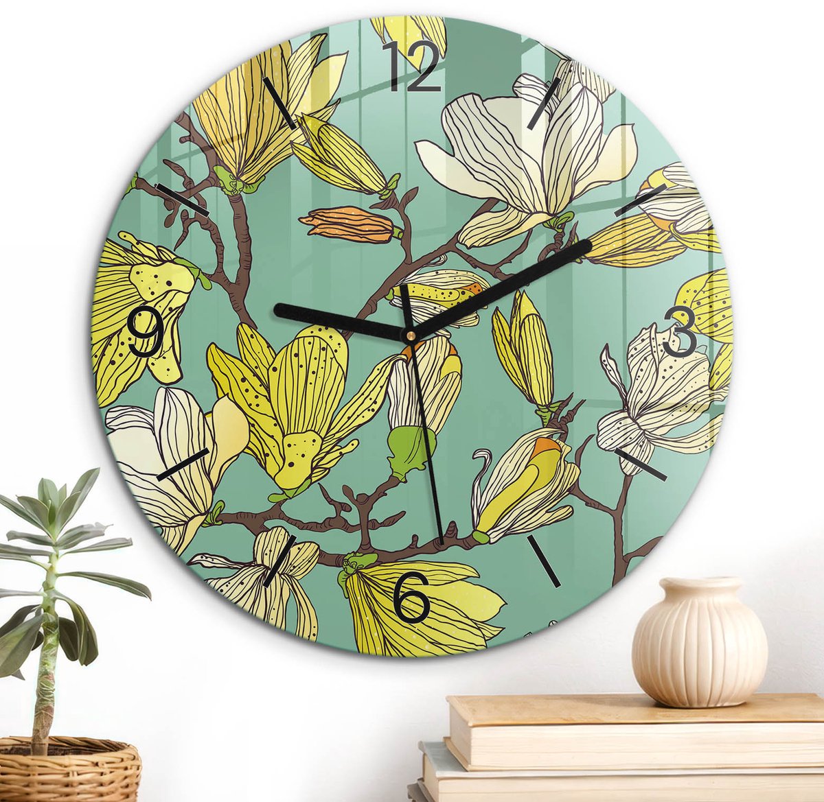 ArtPrintCave Turkoois Glazen Klok - Wandklok 30 cm - Muurklok Rond - Turkooizen Magnolia'S Unieke Klok - Natuur Stille Wandklok - Zwarte Klokwijzers