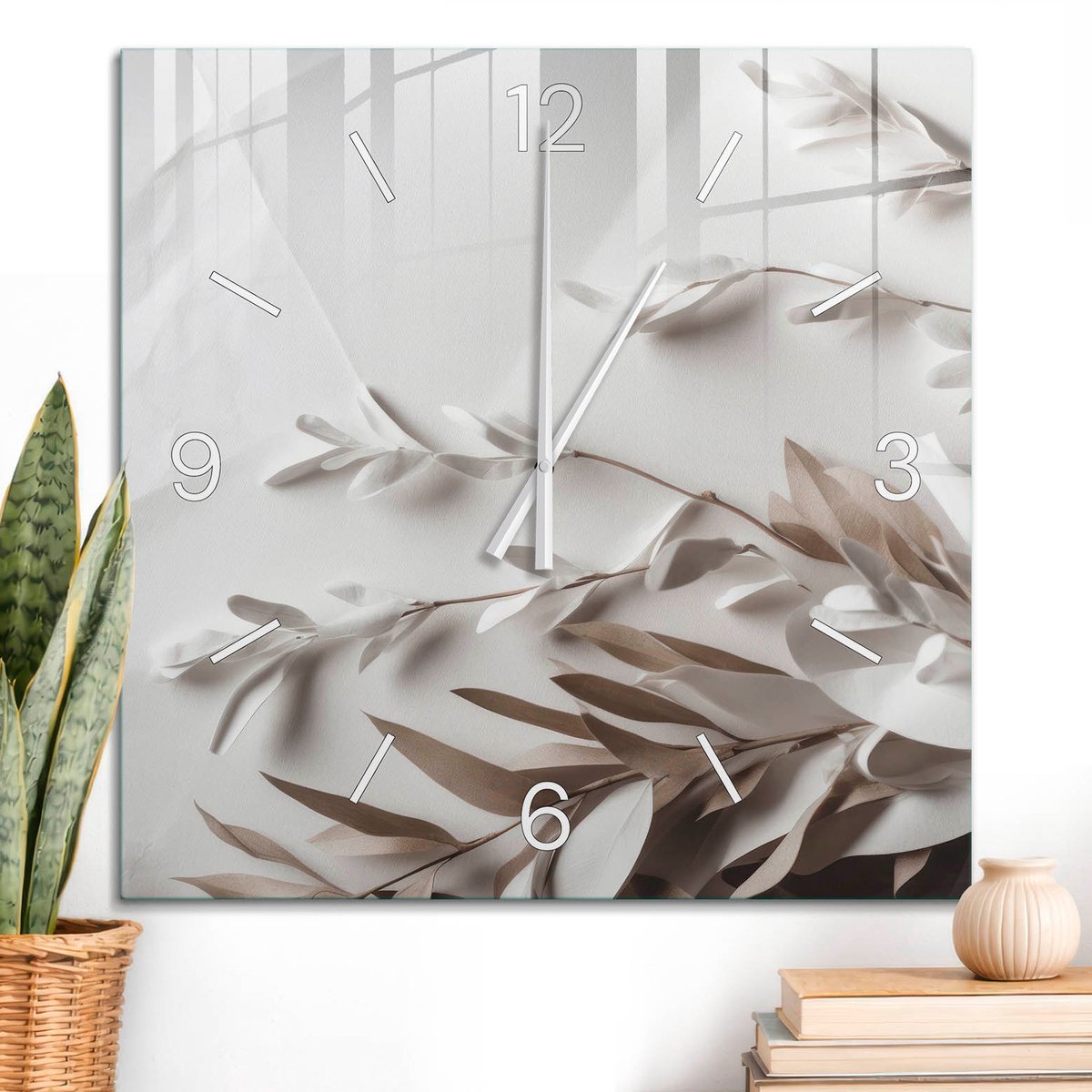 ArtPrintCave Beige Glazen Klok - 60x60 cm - Wandklok Vierkant - Subtiele Natuur Stille Wandklok - Natuur Wandklok Keuken - Witte Klokwijzers