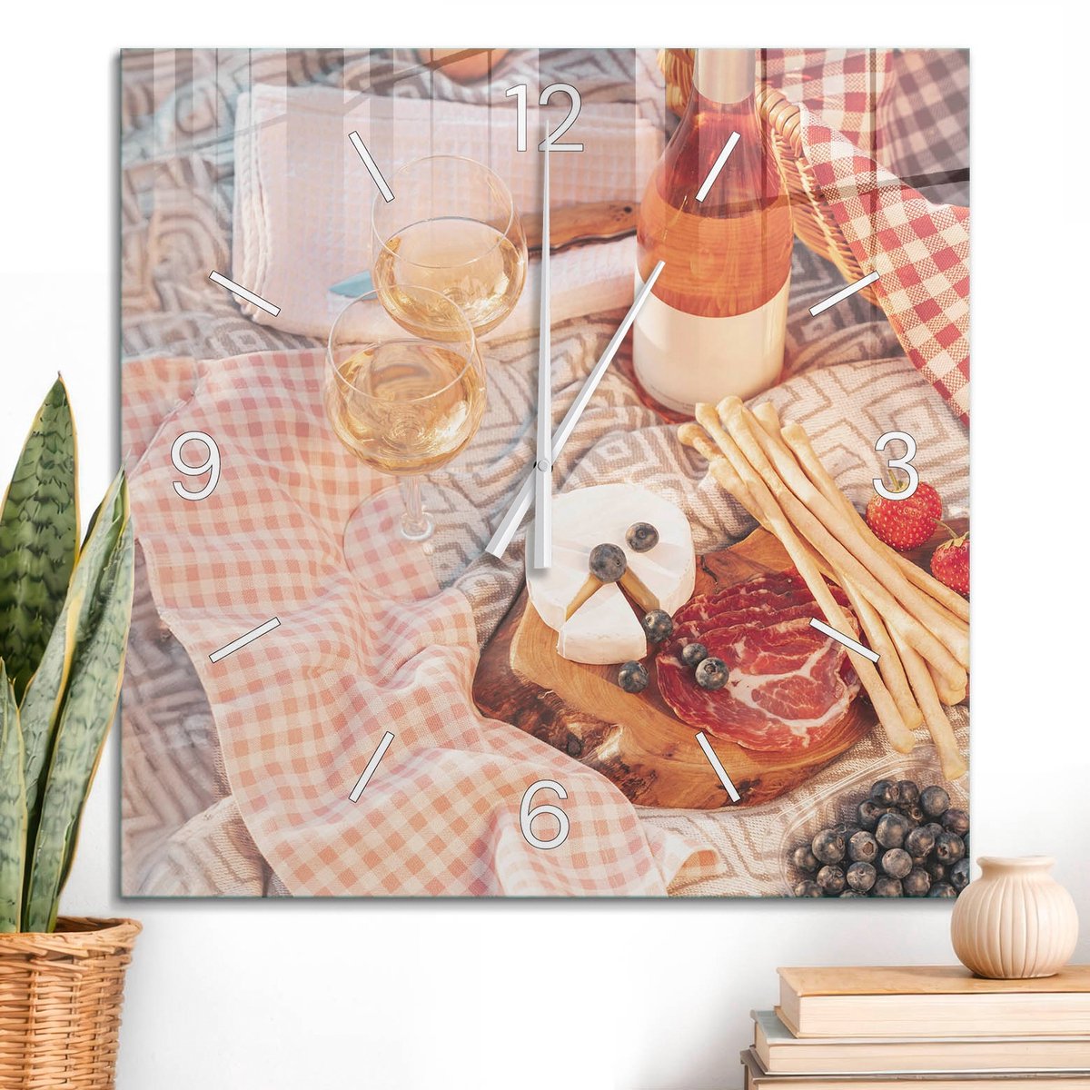 ArtPrintCave Beige Glazen Klok - 60x60 cm - Wandklok Vierkant - Zomerfeest Stille Wandklok - Bloemen En Planten Wandklok Keuken - Witte Klokwijzers