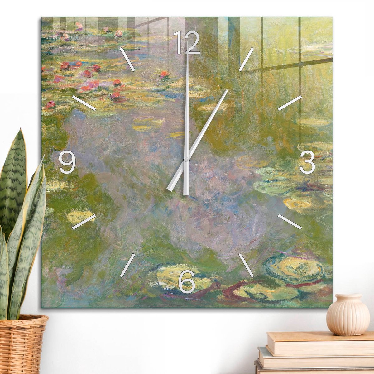 ArtPrintCave Groene Glazen Klok - 60x60 cm - Wandklok Vierkant - Waterlelievijver Stille Wandklok - Kunst Wandklok Keuken - Witte Klokwijzers