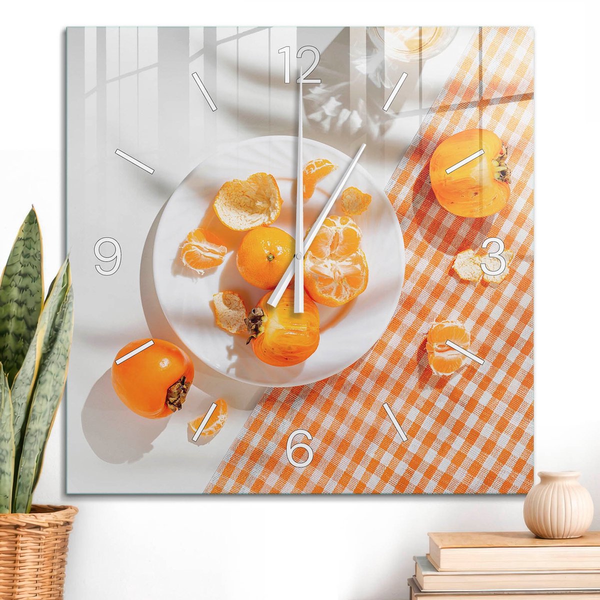 ArtPrintCave Oranje Glazen Klok - 60x60 cm - Wandklok Vierkant - Fruittafel Unieke Klok - Natuur Stille Wandklok - Witte Klokwijzers