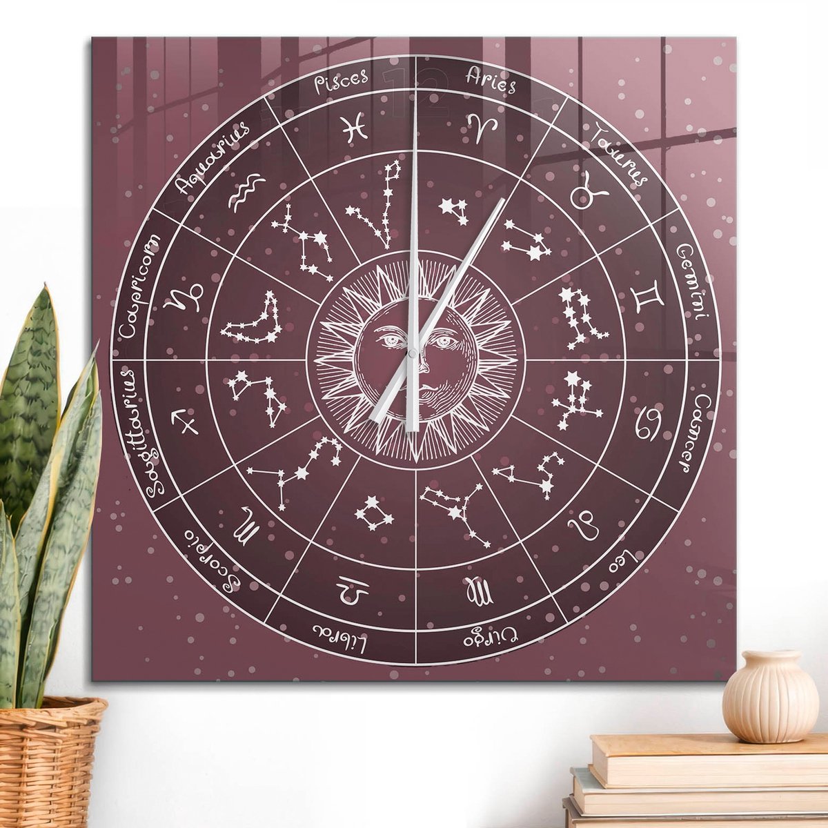 ArtPrintCave Bordeaux Glazen Klok - 60x60 cm - Wandklok Vierkant - Astrologische Cirkel Wandklok Keuken - Abstractie Unieke Klok - Witte Klokwijzers