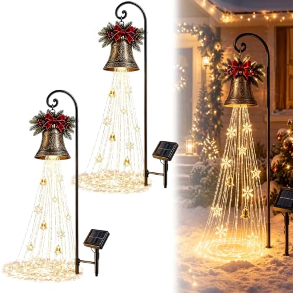 S/L Kerstklok Cascade Solar Tuinverlichting, Klok Cascade, 2 stuk groot Warm wit, waterval tuinverlichting op prikpaal, waterdicht, automatisch aan/uit voor gazon, tuinpad, voortuin en feestelijke buitendecoratie