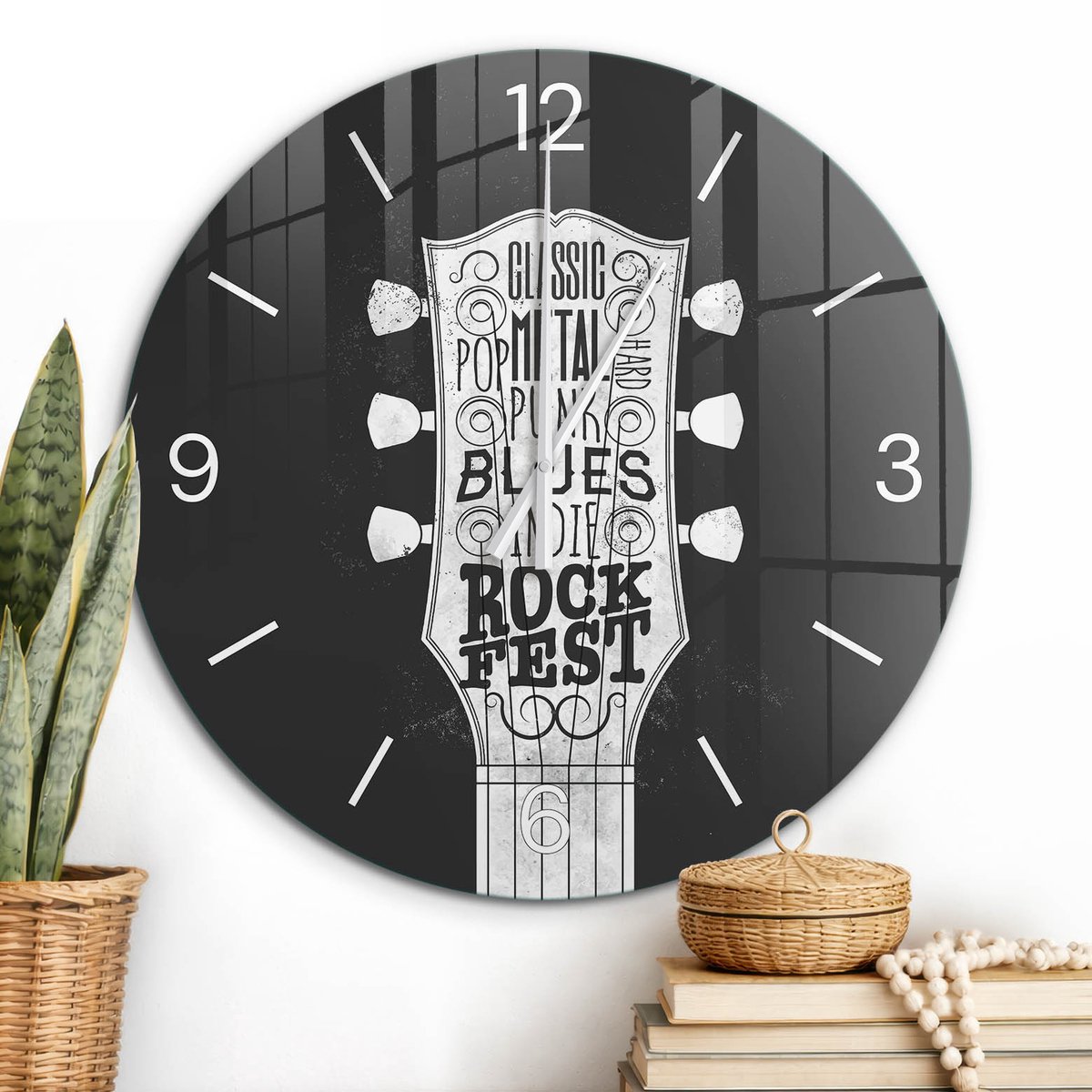 ArtPrintCave Zwart Glazen Klok - Wandklok 60 cm - Muurklok Rond - Muziekgitaar Unieke Klok - Texturen Stille Wandklok - Witte Klokwijzers