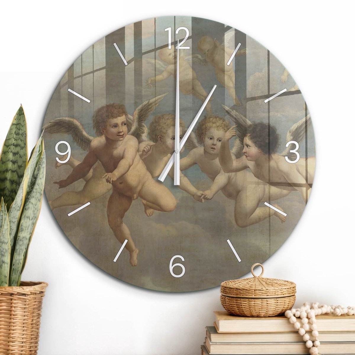 ArtPrintCave Beige Glazen Klok - Wandklok 60 cm - Muurklok Rond - Engelachtige Putti Wandklok Keuken - Natuur Unieke Klok - Witte Klokwijzers