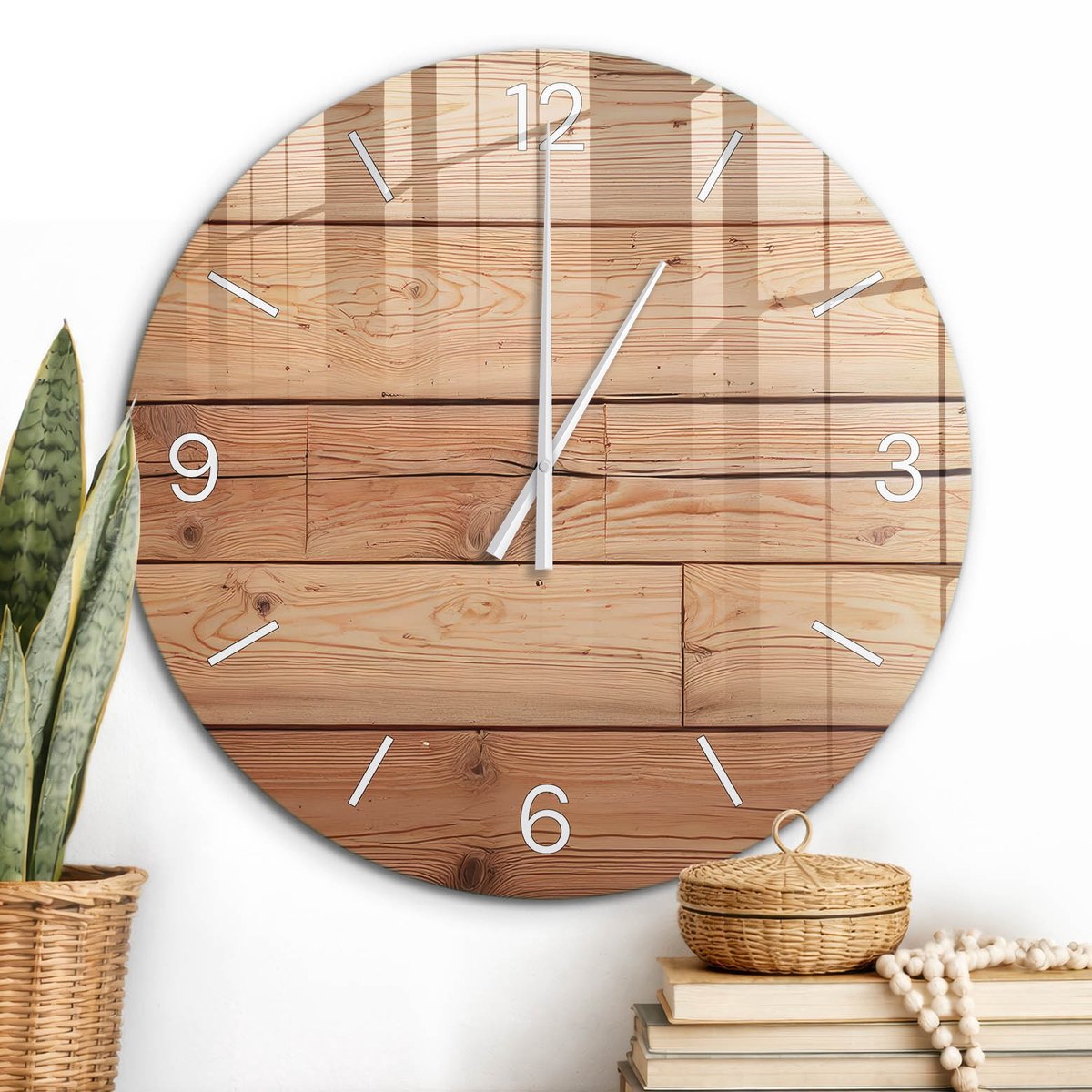 ArtPrintCave Bruin Glazen Klok - Wandklok 60 cm - Muurklok Rond - Houten Planken Wandklok Keuken - Achtergronden En Patronen Unieke Klok - Witte Klokwijzers