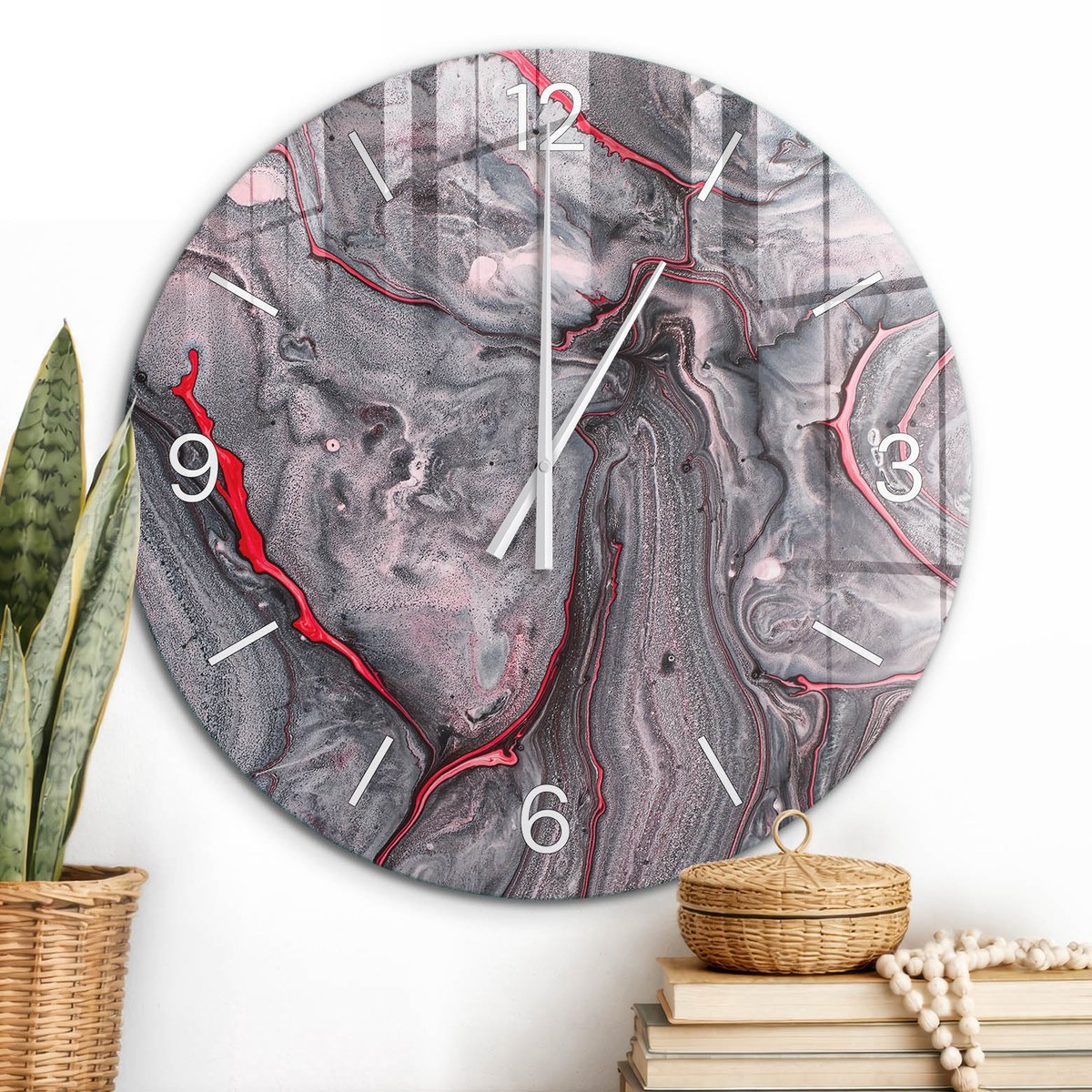 ArtPrintCave Grijs Glazen Klok - Wandklok 60 cm - Muurklok Rond - Abstracte Vormen Stille Wandklok - Kunst Wandklok Keuken - Witte Klokwijzers