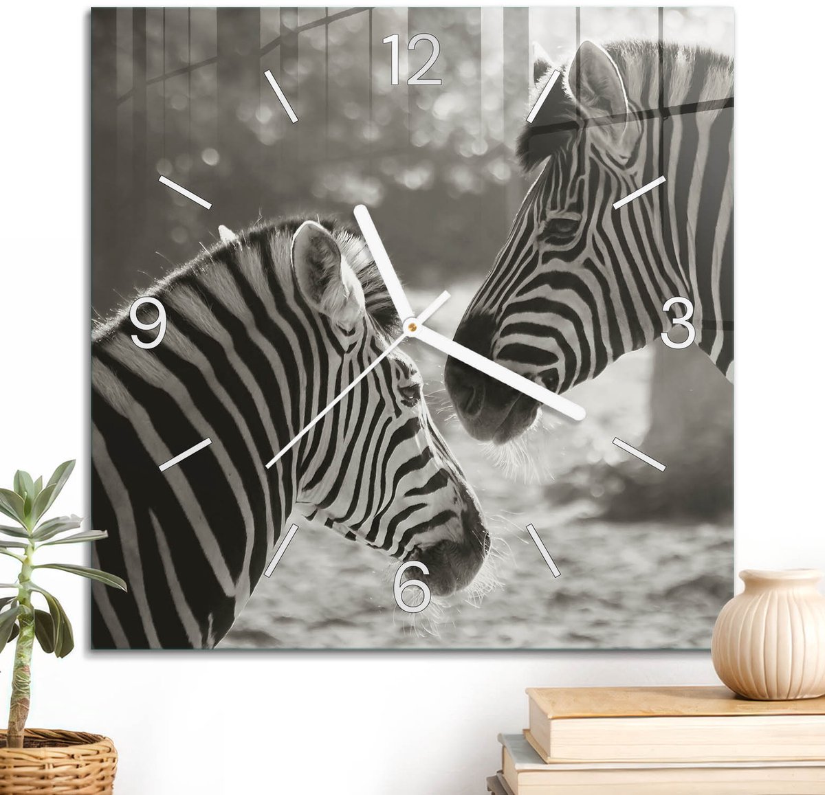ArtPrintCave Zwart-wit Glazen Klok - 30x30 cm - Wandklok Vierkant - Zebra-Portret Unieke Klok - Natuur Stille Wandklok - Witte Klokwijzers