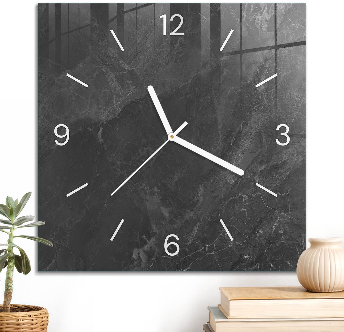 ArtPrintCave Zwart Glazen Klok - 30x30 cm - Wandklok Vierkant - Stenen Elegantie Stille Wandklok - Achtergronden En Patronen Wandklok Keuken - Witte Klokwijzers