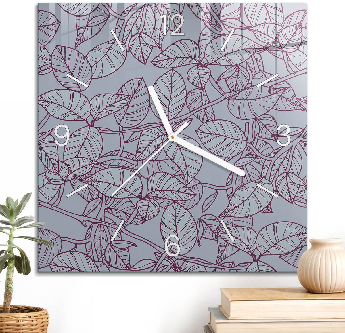 ArtPrintCave Grijs Glazen Klok - 30x30 cm - Wandklok Vierkant - Bladpatroon Stille Wandklok - Bloemen En Planten Wandklok Keuken - Witte Klokwijzers
