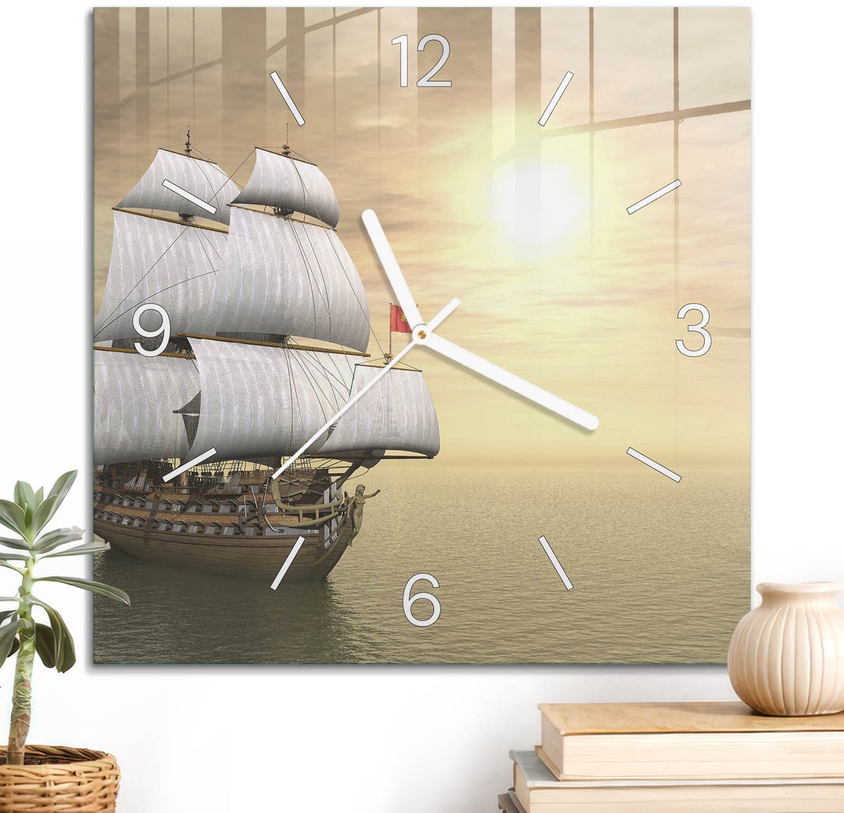 ArtPrintCave Oranje Glazen Klok - 30x30 cm - Wandklok Vierkant - Zee Van Rust Unieke Klok - Landschappen Stille Wandklok - Witte Klokwijzers