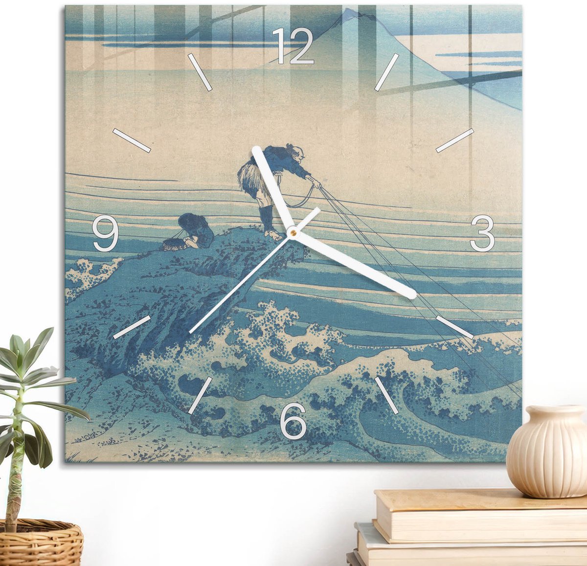 ArtPrintCave Blauw Glazen Klok - 30x30 cm - Wandklok Vierkant - Vissers Van De Zee Unieke Klok - Landschappen Stille Wandklok - Witte Klokwijzers