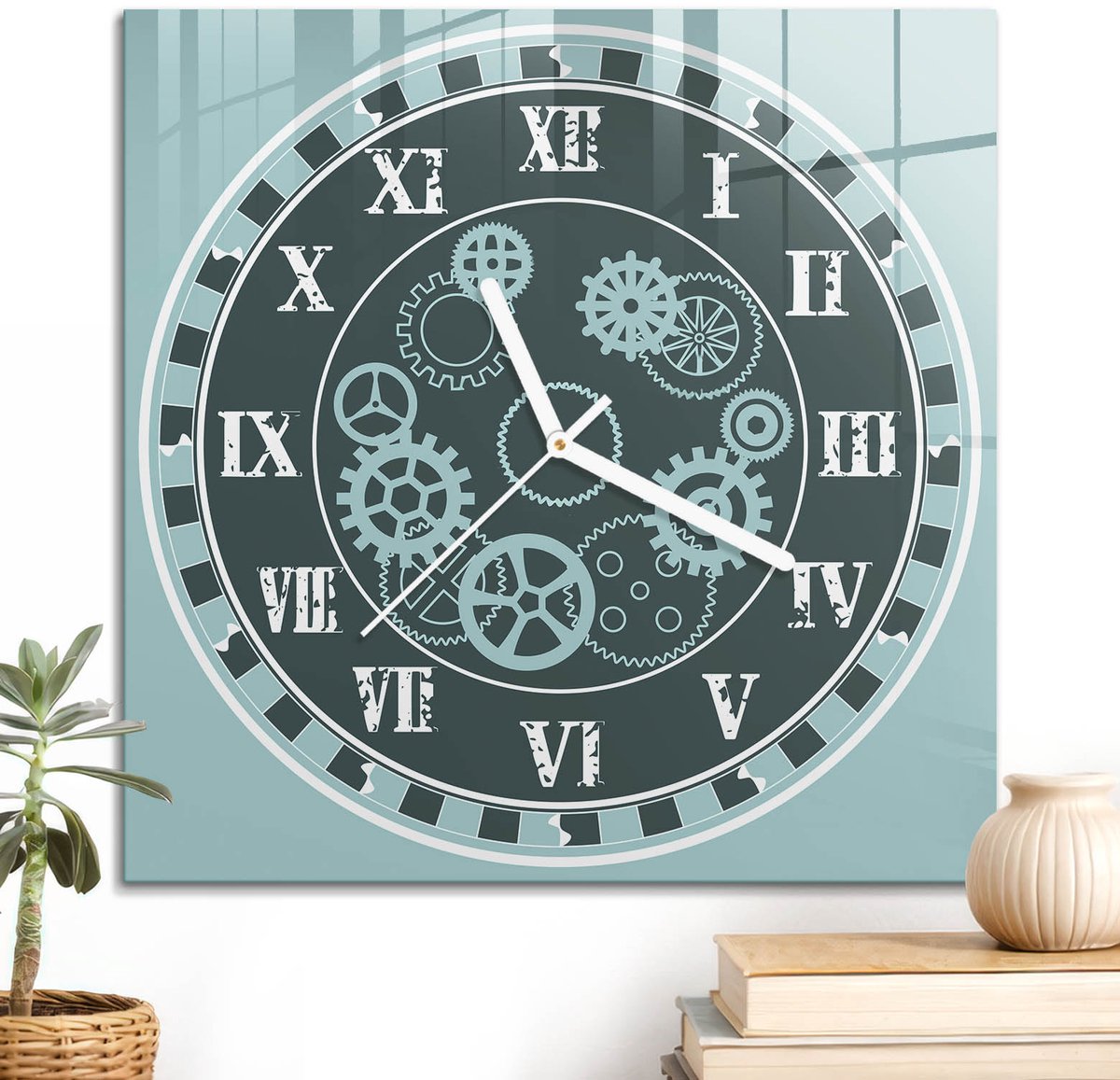 ArtPrintCave Turkoois Glazen Klok - 30x30 cm - Wandklok Vierkant - Tandwielen Wandklok Keuken - Industrieel Unieke Klok - Witte Klokwijzers