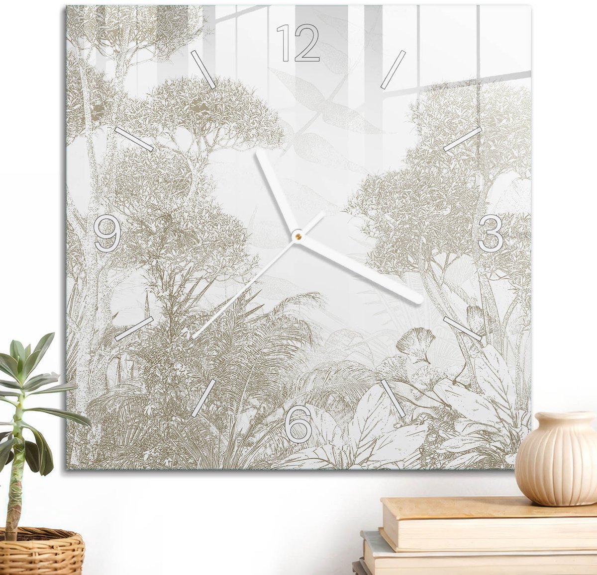 ArtPrintCave Beige Glazen Klok - 30x30 cm - Wandklok Vierkant - Natuurlijke Elegantie Wandklok Keuken - Bloemen En Planten Unieke Klok - Witte Klokwijzers