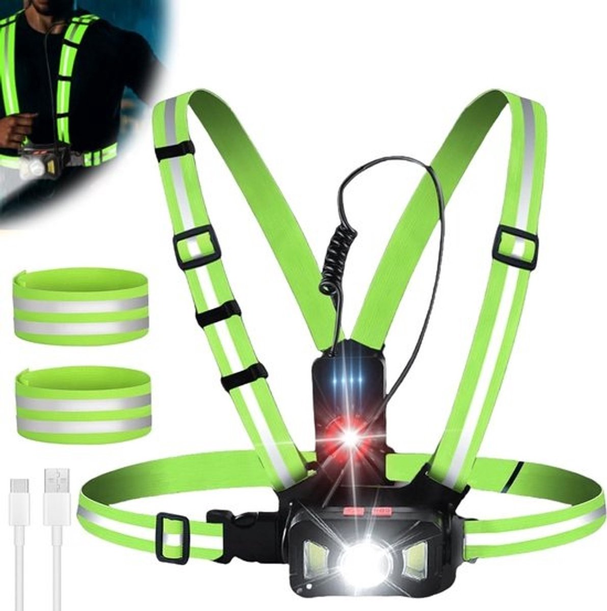Borstlamp met reflecterende strepen USB-oplaadbaar - Looplamp voor joggen - Instelbare stralingshoek IPX65 waterdicht .