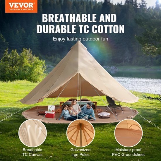 Tent - Kamperen - Canvas - Yurt - 4-6 Persoon - Bell Tent - Waterdicht - Camping - 4 x 4 m — afbeelding 3