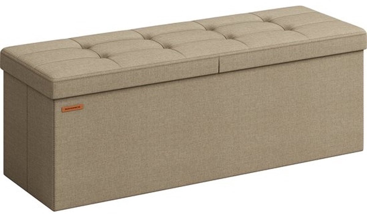 Kameelbruine zitkist - Opbergpoef - Voetensteun - MDF-constructie - Imitatielinnen bekleding - Schuimvulling - 38 cm x 110 cm x 38 cm - 9,1 kg - 300 kg capaciteit - 131 liter opbergruimte