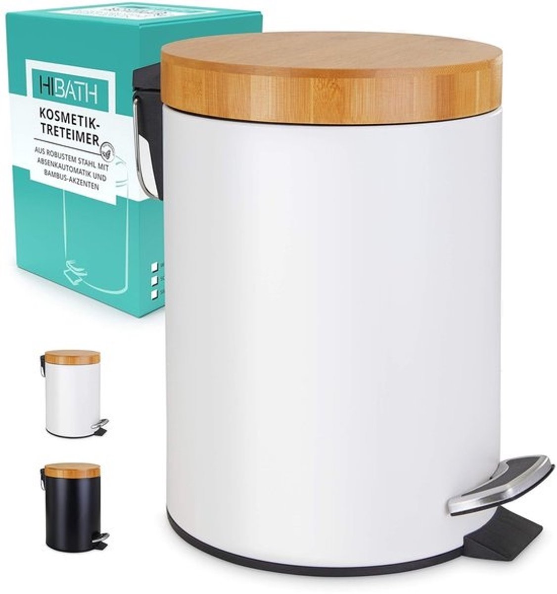 Cosmetica-emmer van roestvrij staal met bamboedeksel (5 liter wit) - badkamer afvalemmer met softclosemechanisme - praktische afvalemmer met wc-pedaalemmer.