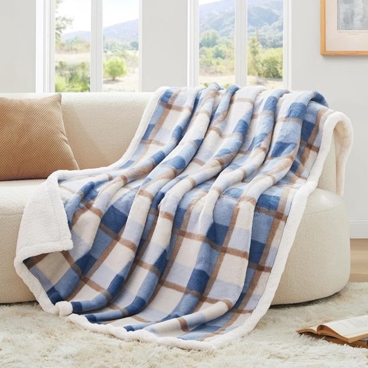 Superzachte deken - Fleece plaid - Gezellig op de bank - Omkeerbaar ontwerp - 152 x 203 cm - Blauw geruit