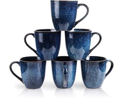 Vicrays Steengoed Theemok set van 6, 350 ml, steengoed koffiemok voor mannen, vrouwen, unieke geglazuurde mokken met handvat voor koffie, thee, melk, cacao, granen (sterrenblauw)