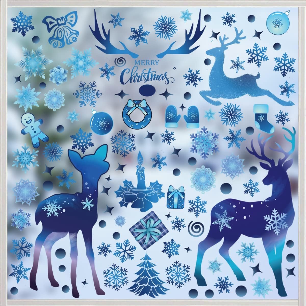 Raamstickers, kerststickers, ramen, raamstickers, sneeuwvlokken, raamstickers, Kerstmis, herbruikbaar, rendierstickers, raamfoto's, winter