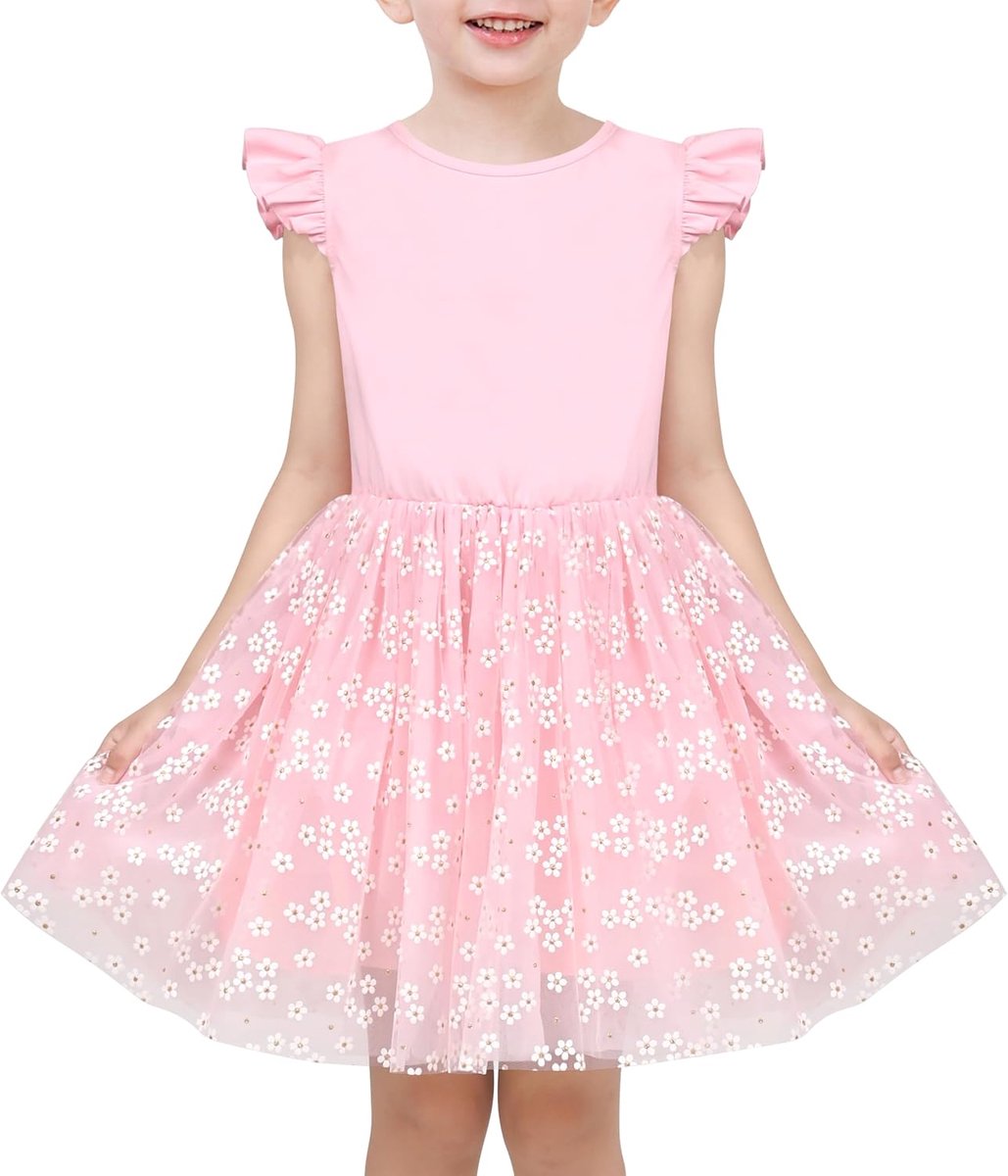 Jurk Roze Pailletten Bruiloft Hallo laag Tule Rok Tutu Flutter mouw 4-8 jaar