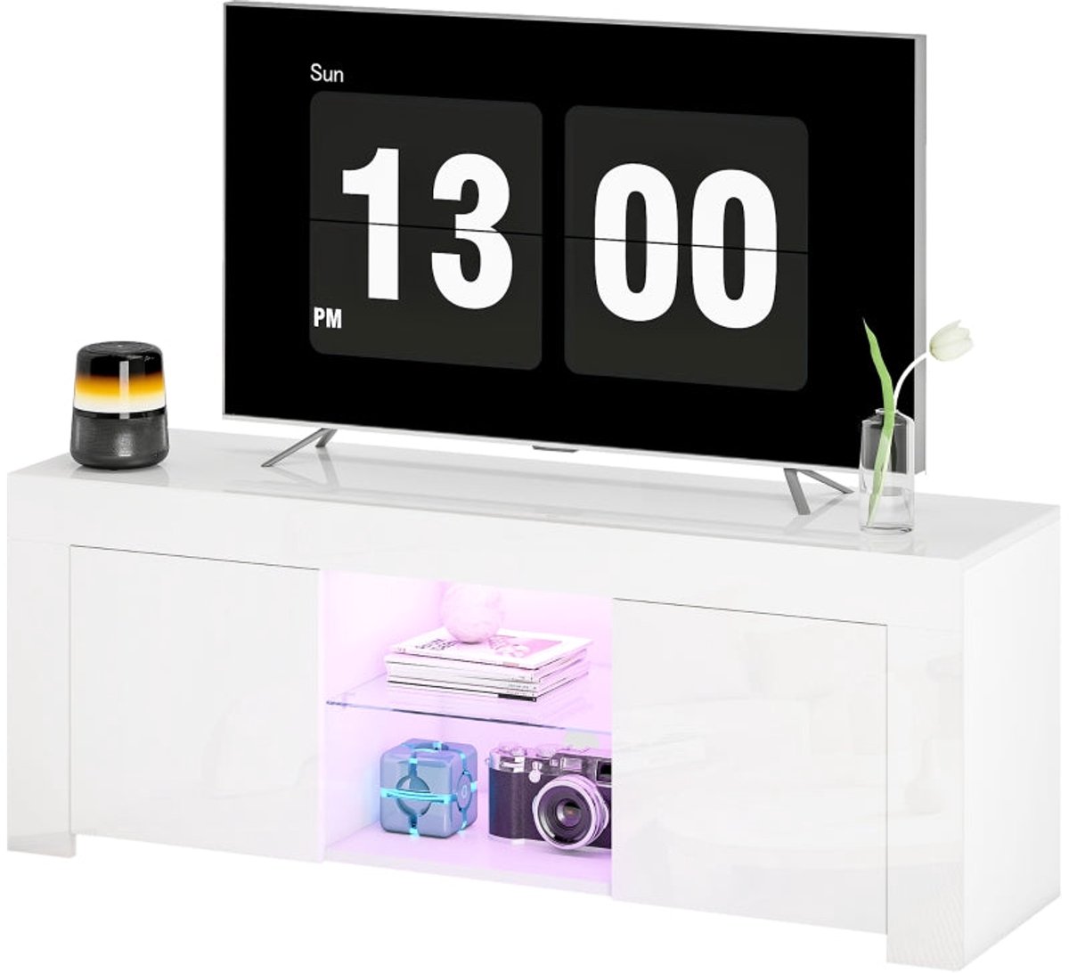 Merax TV-meubel met LED Verlichting – TV Kast met Glasplank en Opbergruimte – Modern Lowboard – Wit 120 cm