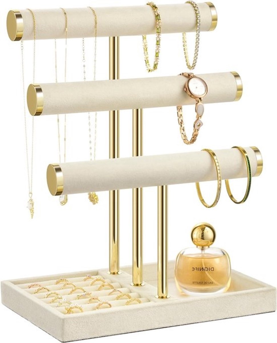 Grote Beige Sieraden Organizer met 3 Lagen - Verwijderbare T-vormige Sieradenstandaard voor Armbanden, Kettingen, Ringen en Horloges