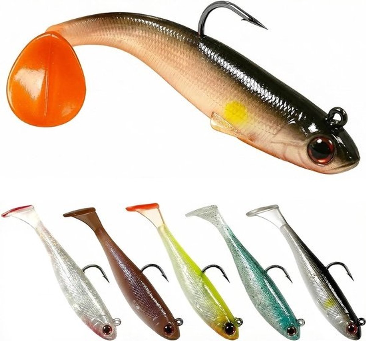 6 stuks pre-rigged zacht plastic kunstaas - 9cm paddle tail swimbaits voor bas, forel en roodbaars