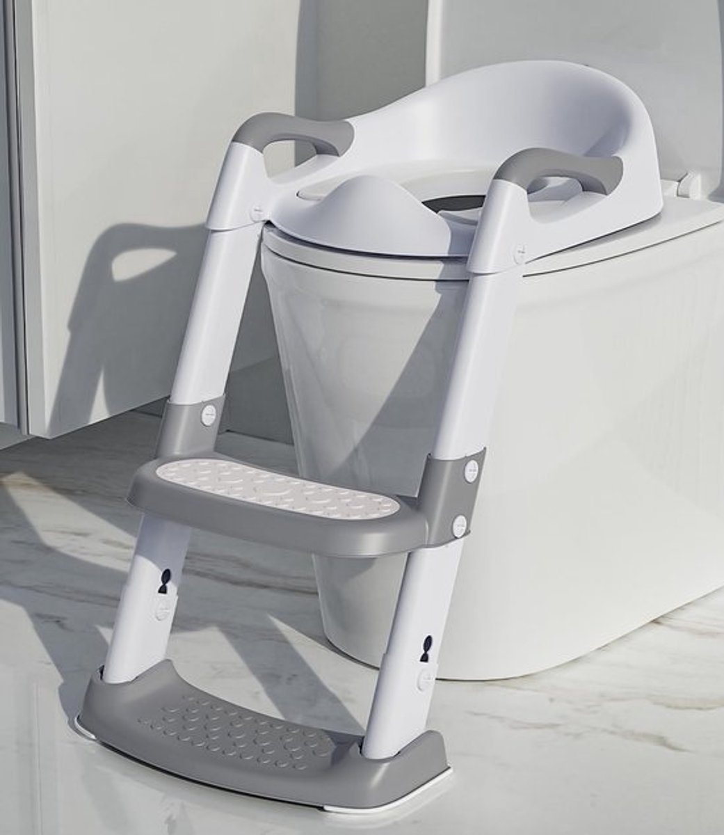 Toiletbril voor kinderen - Toiletbril met opstapje - Hulpmiddel bij zindelijkheidstraining - Antislipaccessoire voor het toilet - Met kussen - In hoogte verstelbaar - Opvouwbaar - Unisex - Gebroken wit