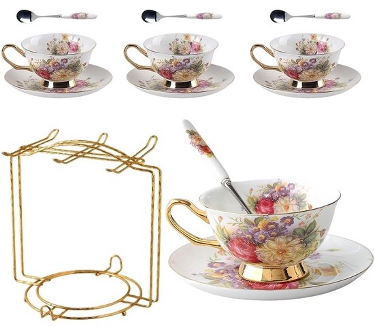 Elegante 8-delige Europese bloemen theeset van Bone China - Met cadeaubox