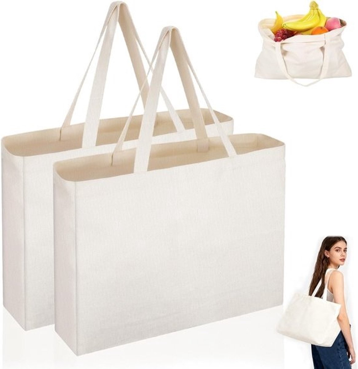 Grote herbruikbare katoenen tas 45 x 35 x 8 cm - Voor winkelen, schilderen en borduren met lange handvatten