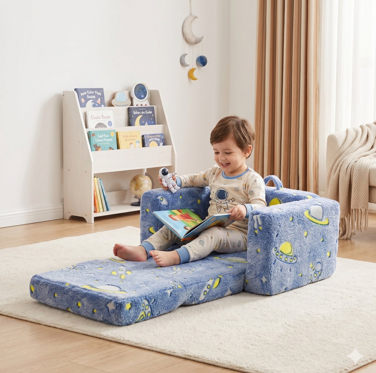MODENUIT Kinderklapstoel 106 x 65 x 28,5 cm - Opvouwbaar met Armsteunen - Voor Binnen - Stof en Metaal - Blauw Blauw, groen en wit