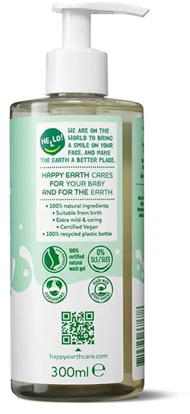 Happy Earth baby & kids wasgel 300 ml in transparante fles met witte pompdispenser. Groen label met tekst 'Happy Earth cares for your baby and for the Earth'.