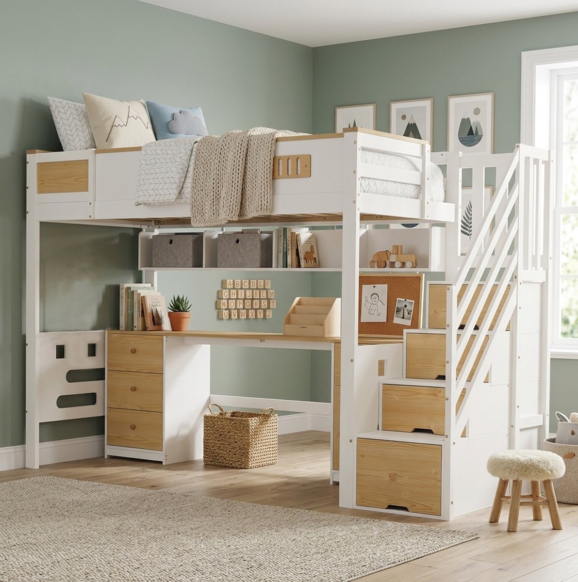 MODENUIT Hoogslaper – 90 x 200 Cm – Bureau En Opbergruimte – Hout En MDF – Wit En Naturel – Kinderkamer