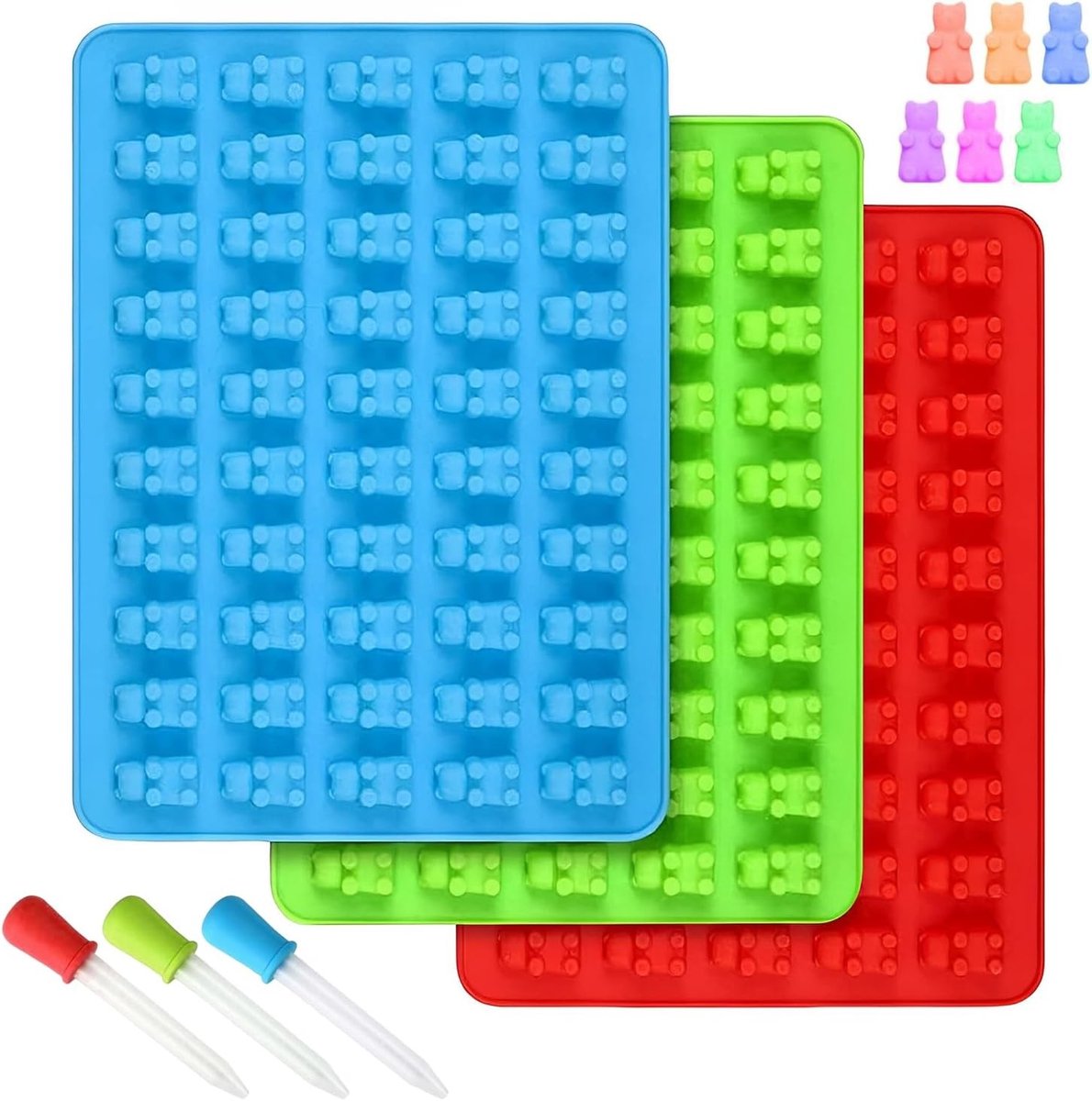 Set van Drie Siliconen Gummy Bear Mallen met Drie Bijpassende Vulpipetten voor Snoep en Bakken