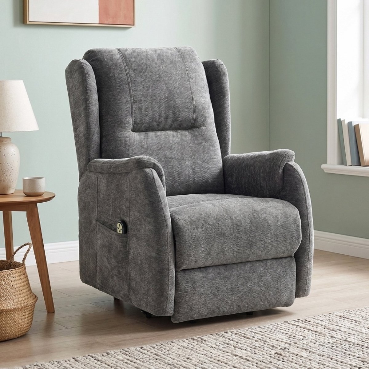 MODENUIT Relaxfauteuil 89 x 76 x 103 cm - Elektrische Sta-opfunctie - Zithoek - Stof Chenillelook Donkergrijs