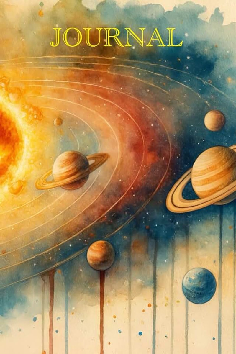 Sonnensystem, Aquarell, ca. DIN A5, mit Seitenzahl, 150 Seiten mit Linien, Schulheft, Ideenheft, Geschenkidee, handliches Notizbuch, Softcover matt, Motiv Sonnensystem