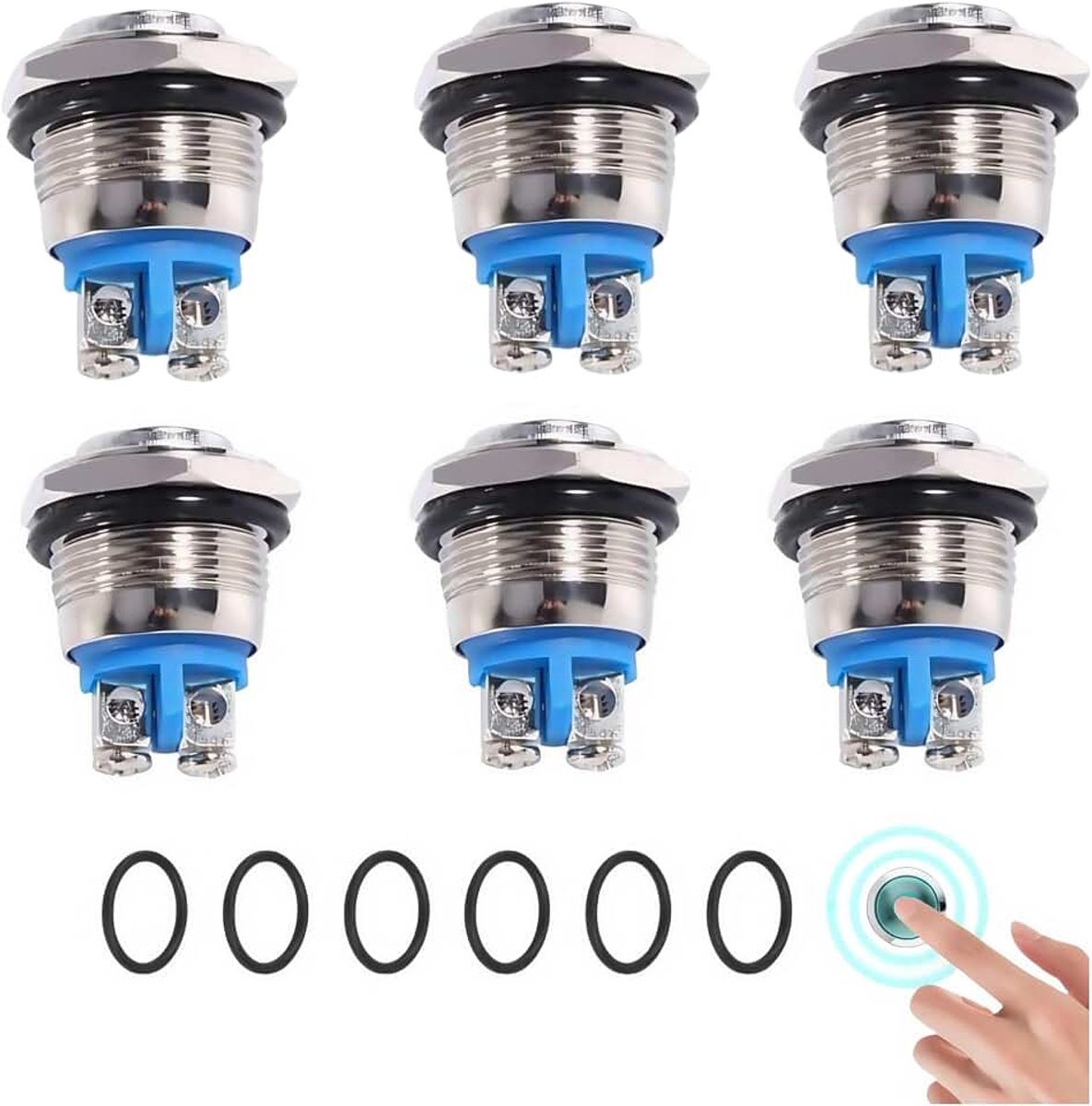 Drukschakelaar, 6 stuks, 16 mm, momentan-drukknop, 3A/250 VAC 5A/12V DC, waterdichte power-drukknop, klein, rond, chroom, roestvrij staal, metaal, 2-polige sluiting (hoge kop)