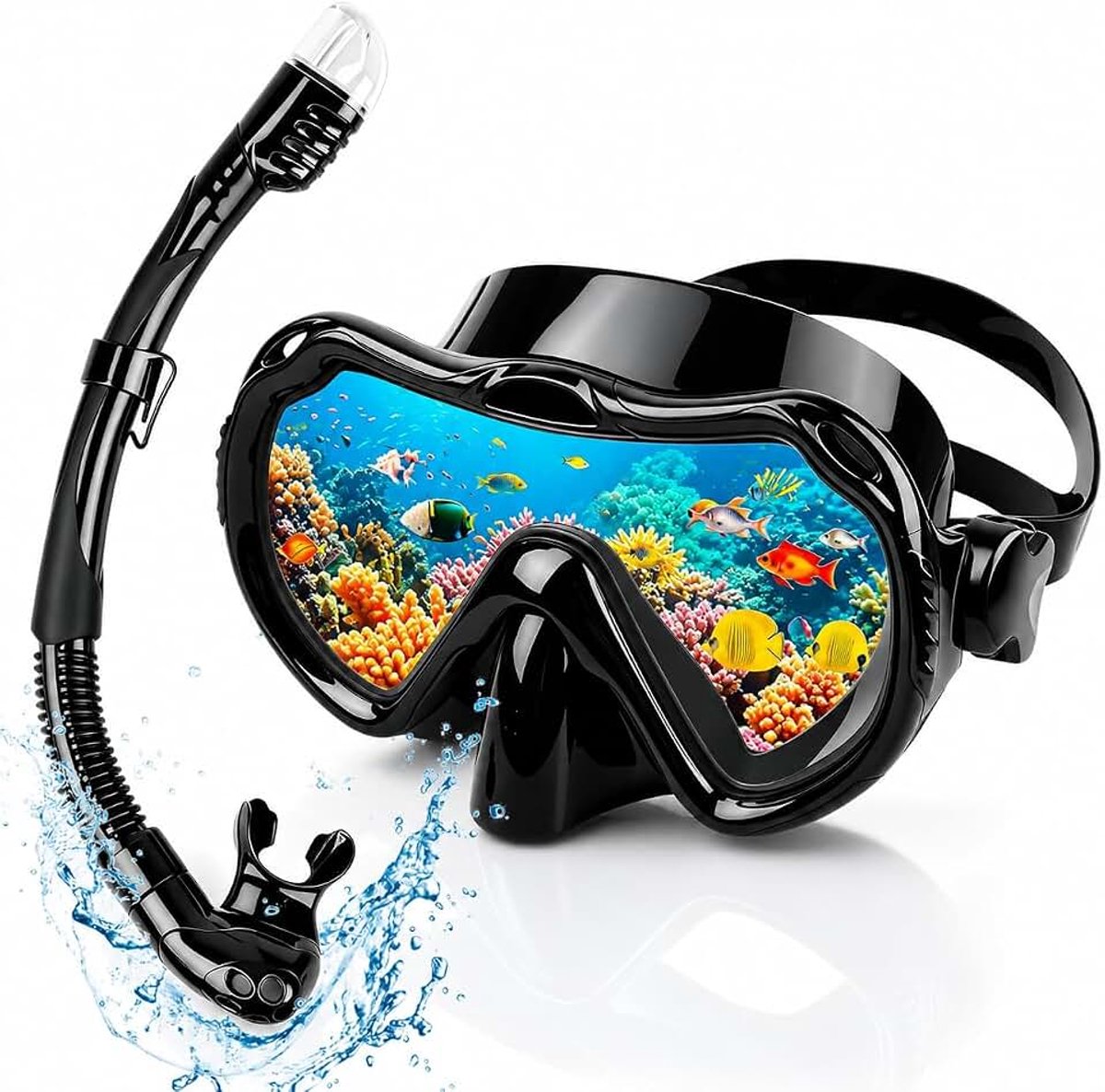 Duikbril met snorkel, anti-condens snorkelmasker met 180° panorama-gezichtsveld, duikmasker voor heren en dames, voor duiken, snorkelen, zwemmen, DrySnorkel