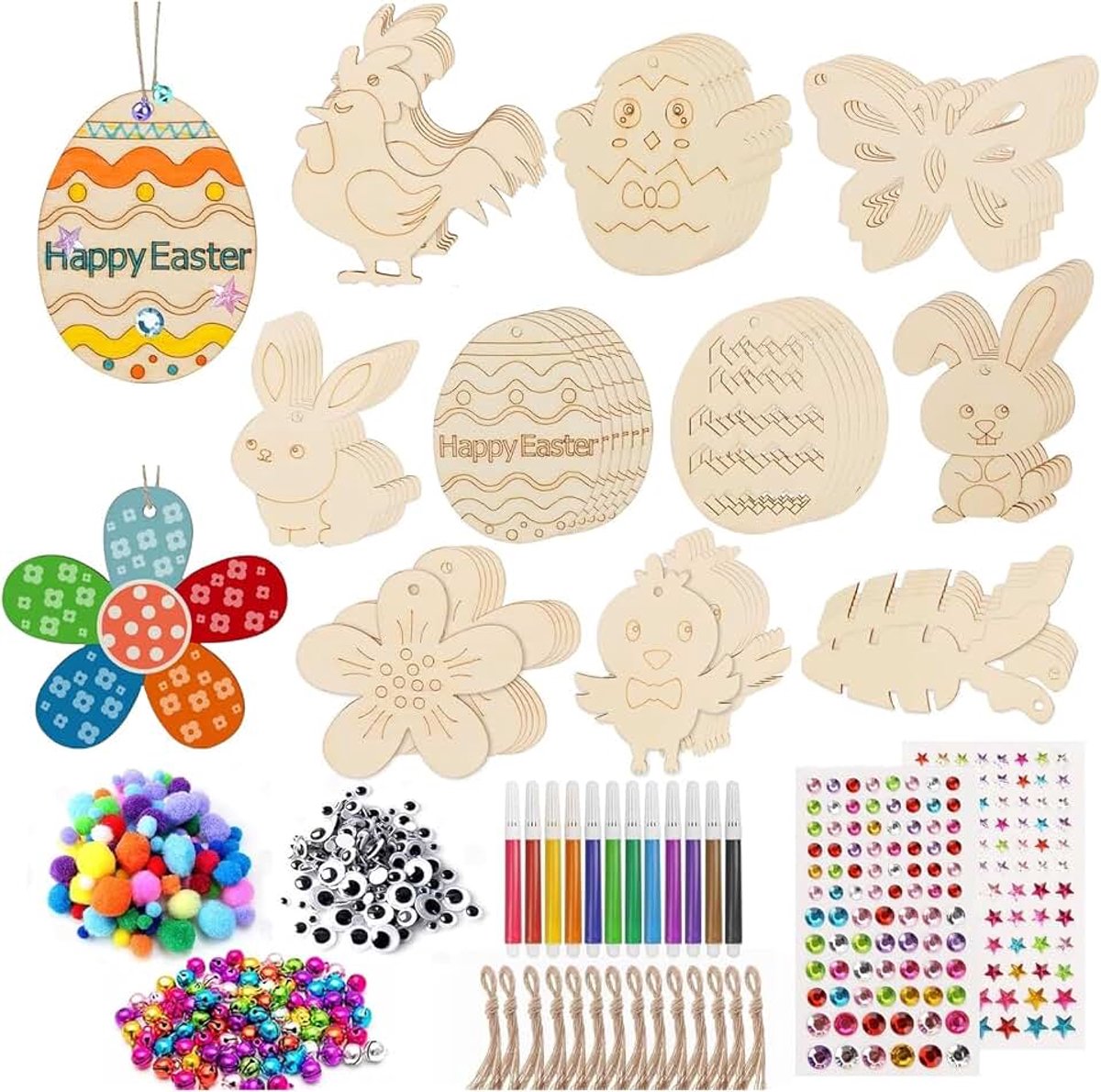 Paashaas, 264 stuks, houten hangers om te beschilderen, knutselsets voor kinderen, doe-het-zelf hangers, paashaas, vlinder, paaseieren, kuiken, met aquarelstift, strass, oog, touw, stickers.