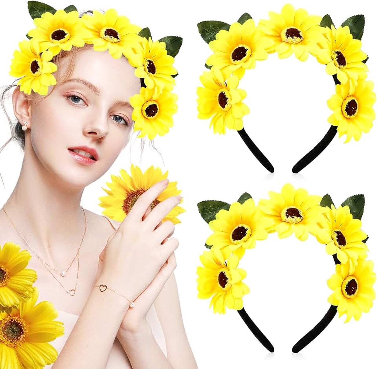 2 stuks zonnebloemen haarband, bloemen haarband, zonnebloemen hoofdband voor dames, decoratieve haarband hoofdbanden voor fotografie, rekwisieten, maskerade, carnaval, party, vrouwen en meisjes